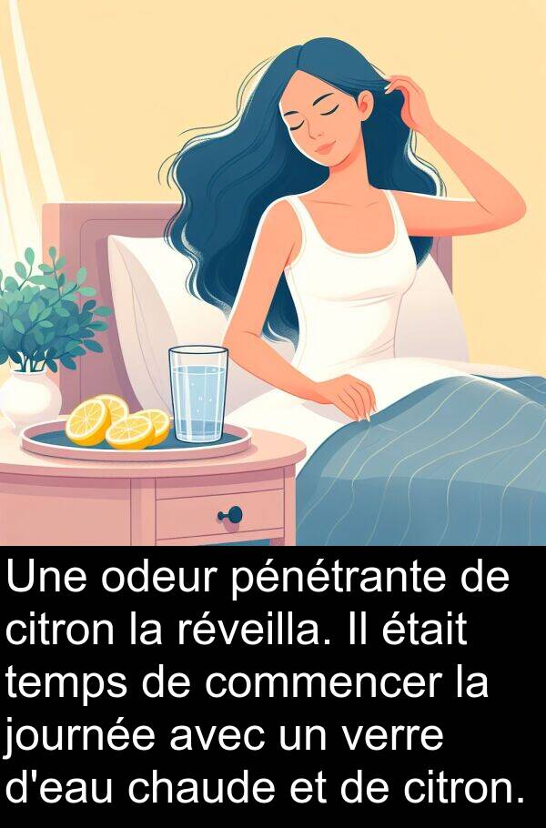 odeur: Une odeur pénétrante de citron la réveilla. Il était temps de commencer la journée avec un verre d'eau chaude et de citron.