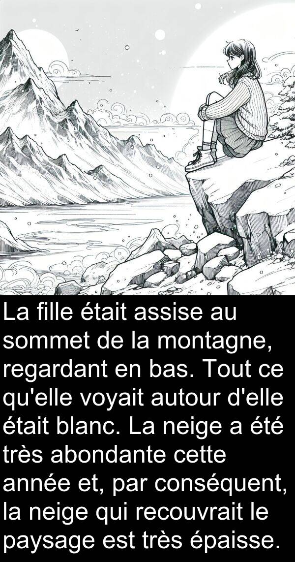 bas: La fille était assise au sommet de la montagne, regardant en bas. Tout ce qu'elle voyait autour d'elle était blanc. La neige a été très abondante cette année et, par conséquent, la neige qui recouvrait le paysage est très épaisse.