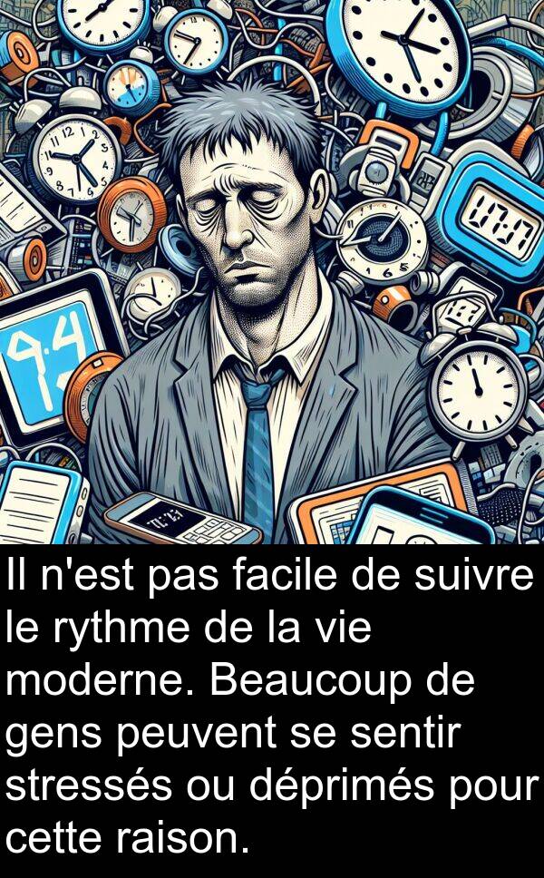 raison: Il n'est pas facile de suivre le rythme de la vie moderne. Beaucoup de gens peuvent se sentir stressés ou déprimés pour cette raison.
