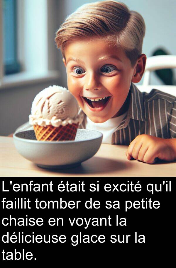 faillit: L'enfant était si excité qu'il faillit tomber de sa petite chaise en voyant la délicieuse glace sur la table.