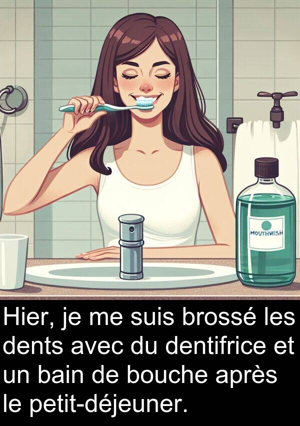 bain: Hier, je me suis brossé les dents avec du dentifrice et un bain de bouche après le petit-déjeuner.
