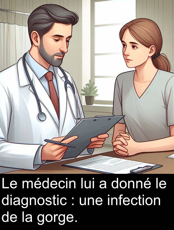 lui: Le médecin lui a donné le diagnostic : une infection de la gorge.