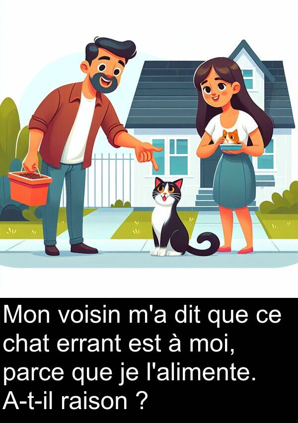 raison: Mon voisin m'a dit que ce chat errant est à moi, parce que je l'alimente. A-t-il raison ?