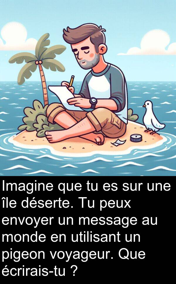 île: Imagine que tu es sur une île déserte. Tu peux envoyer un message au monde en utilisant un pigeon voyageur. Que écrirais-tu ?