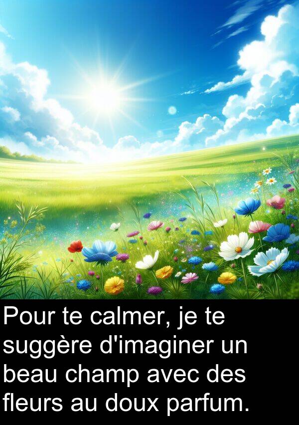 calmer: Pour te calmer, je te suggère d'imaginer un beau champ avec des fleurs au doux parfum.
