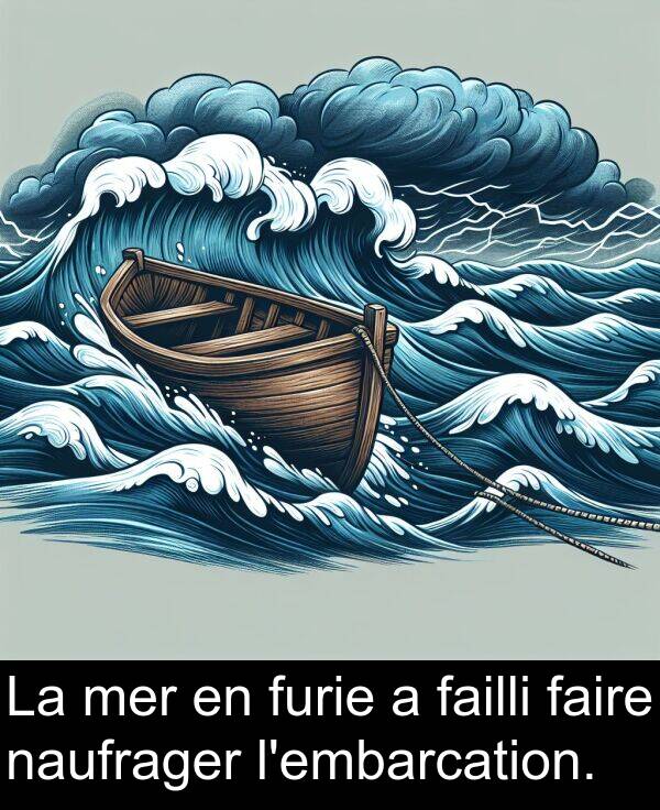 failli: La mer en furie a failli faire naufrager l'embarcation.