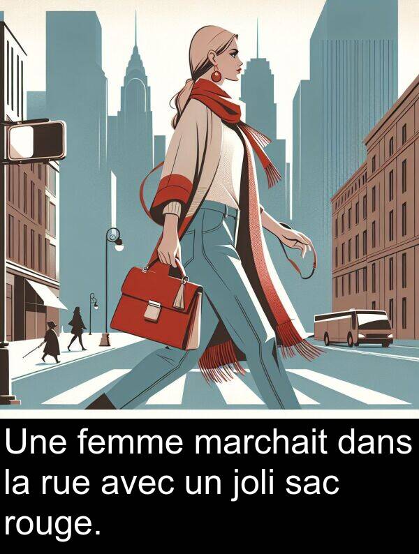 sac: Une femme marchait dans la rue avec un joli sac rouge.