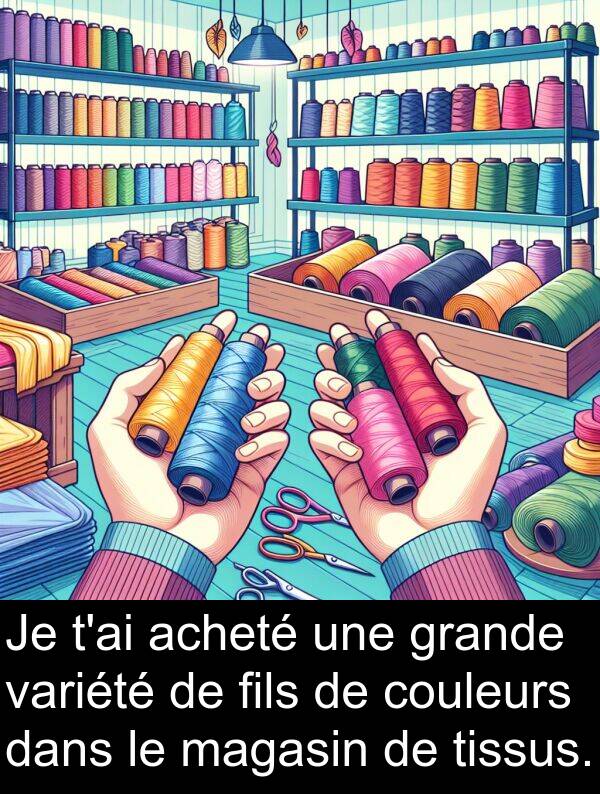 couleurs: Je t'ai acheté une grande variété de fils de couleurs dans le magasin de tissus.