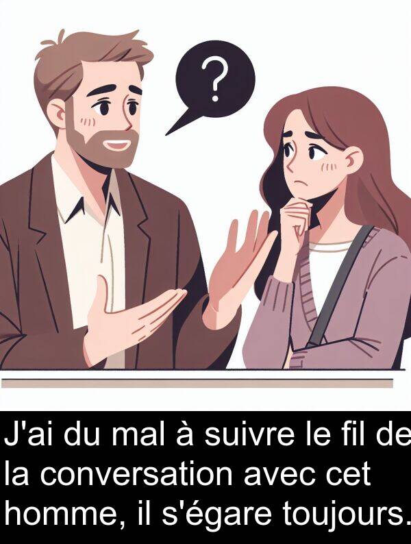 fil: J'ai du mal à suivre le fil de la conversation avec cet homme, il s'égare toujours.