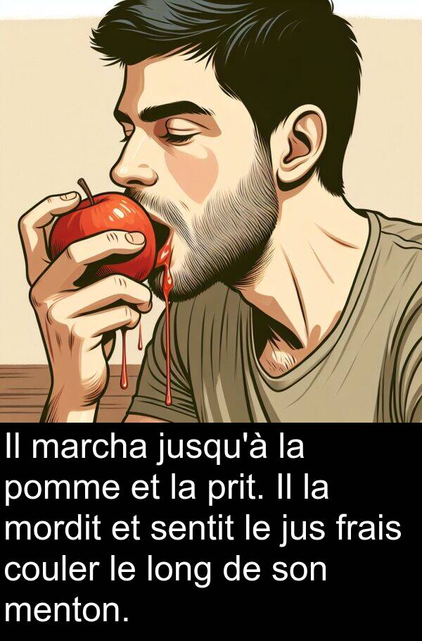 jus: Il marcha jusqu'à la pomme et la prit. Il la mordit et sentit le jus frais couler le long de son menton.