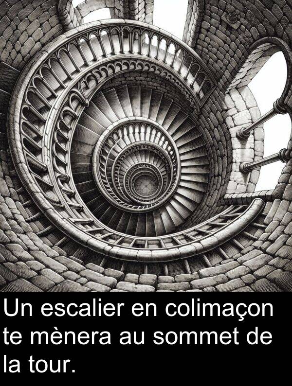 mènera: Un escalier en colimaçon te mènera au sommet de la tour.
