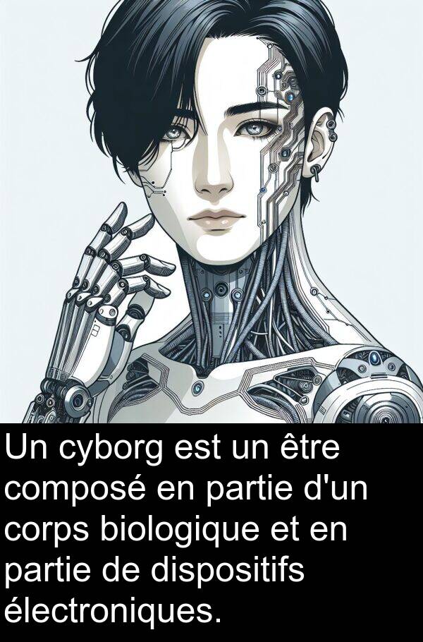 biologique: Un cyborg est un être composé en partie d'un corps biologique et en partie de dispositifs électroniques.