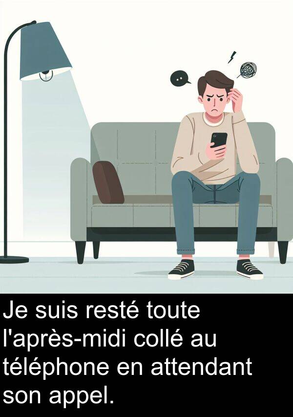 suis: Je suis resté toute l'après-midi collé au téléphone en attendant son appel.