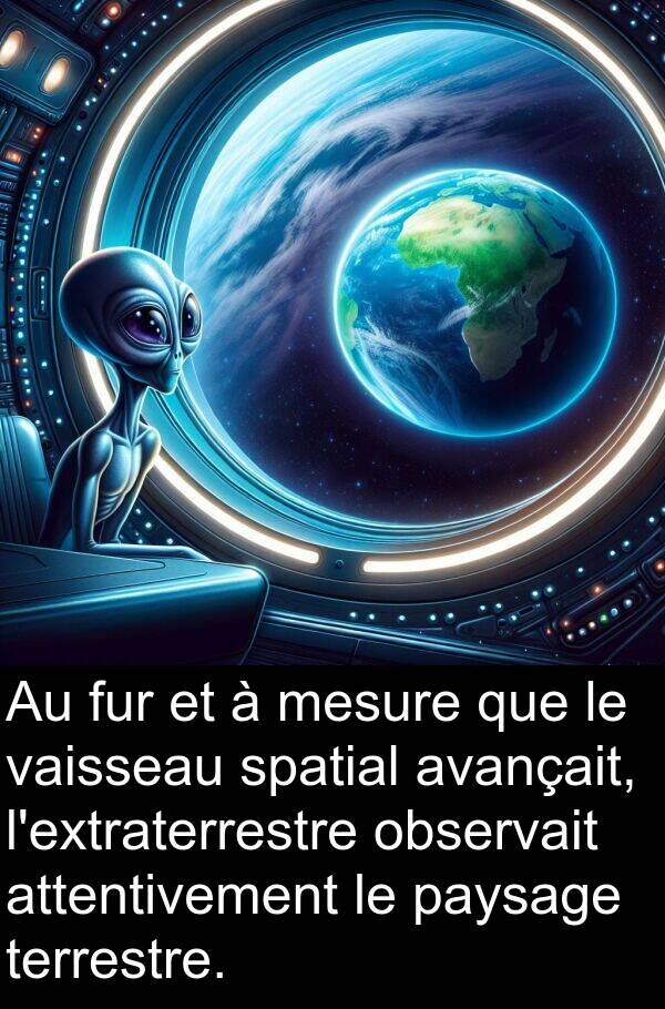 observait: Au fur et à mesure que le vaisseau spatial avançait, l'extraterrestre observait attentivement le paysage terrestre.