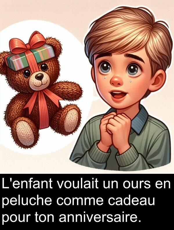 ton: L'enfant voulait un ours en peluche comme cadeau pour ton anniversaire.