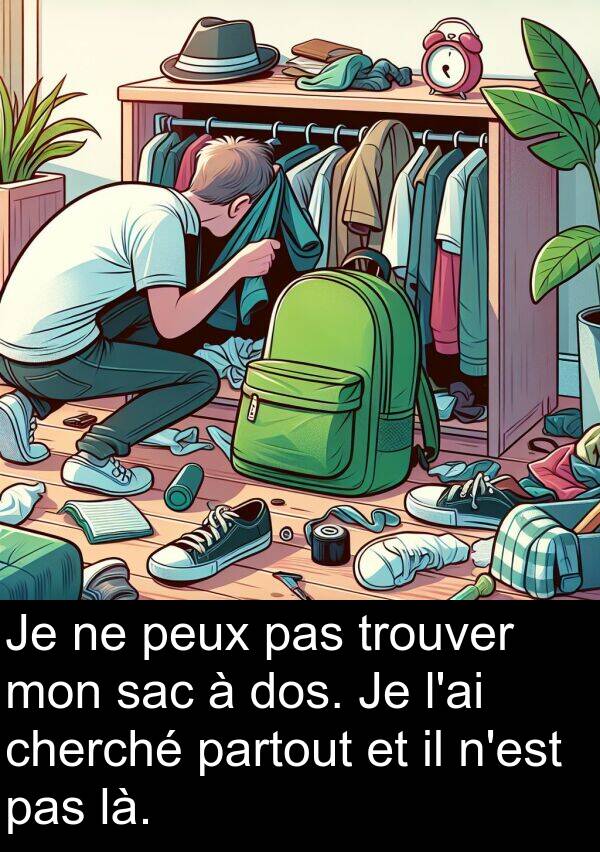 là: Je ne peux pas trouver mon sac à dos. Je l'ai cherché partout et il n'est pas là.