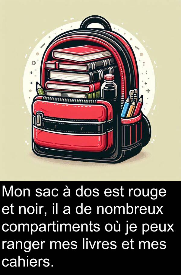 sac: Mon sac à dos est rouge et noir, il a de nombreux compartiments où je peux ranger mes livres et mes cahiers.