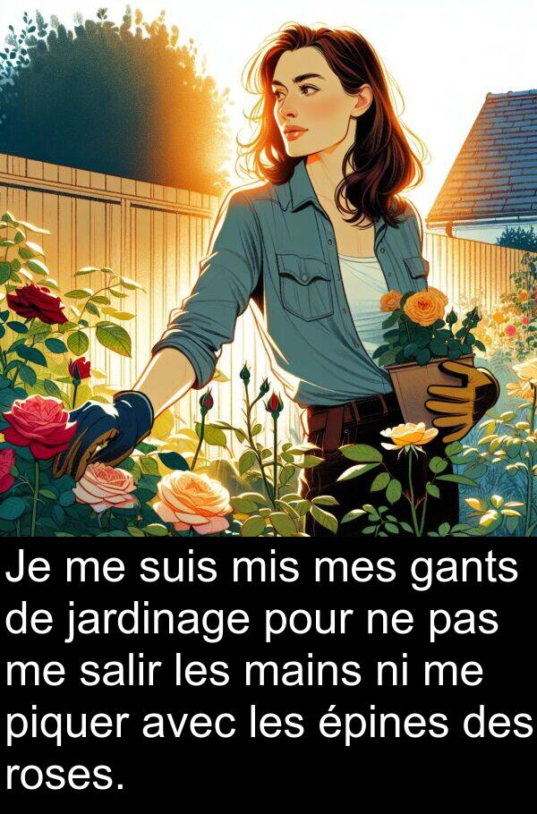 mains: Je me suis mis mes gants de jardinage pour ne pas me salir les mains ni me piquer avec les épines des roses.