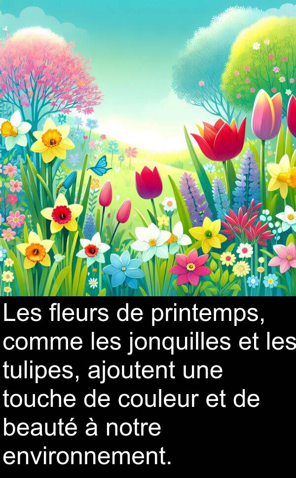 jonquilles: Les fleurs de printemps, comme les jonquilles et les tulipes, ajoutent une touche de couleur et de beauté à notre environnement.