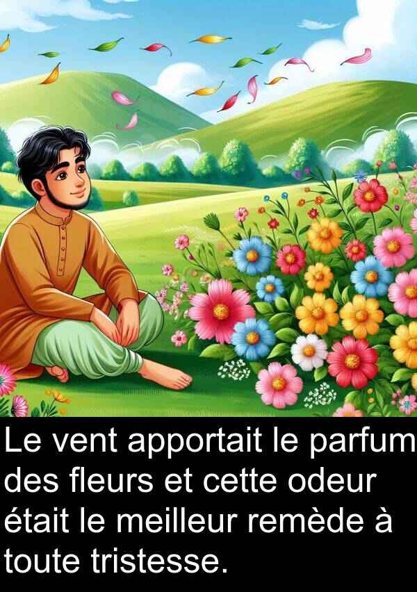 odeur: Le vent apportait le parfum des fleurs et cette odeur était le meilleur remède à toute tristesse.