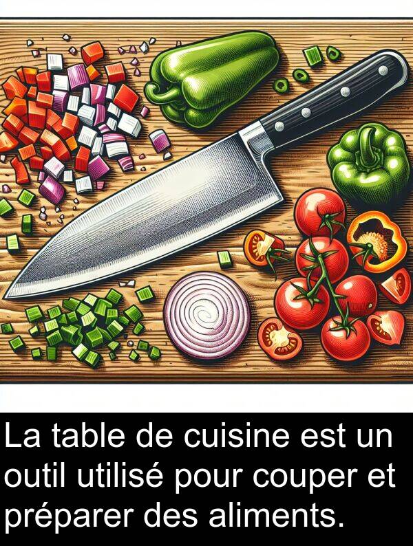couper: La table de cuisine est un outil utilisé pour couper et préparer des aliments.