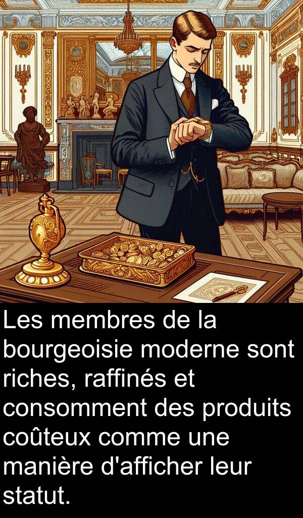 manière: Les membres de la bourgeoisie moderne sont riches, raffinés et consomment des produits coûteux comme une manière d'afficher leur statut.