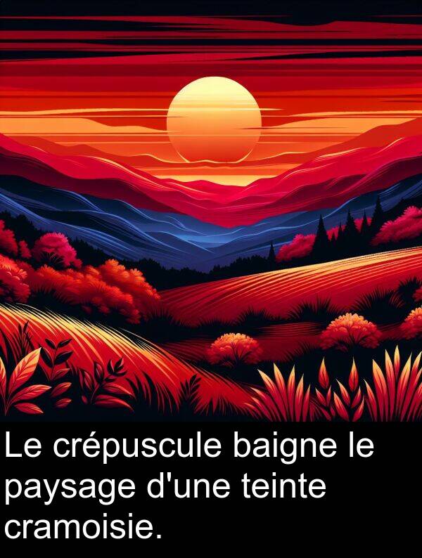baigne: Le crépuscule baigne le paysage d'une teinte cramoisie.