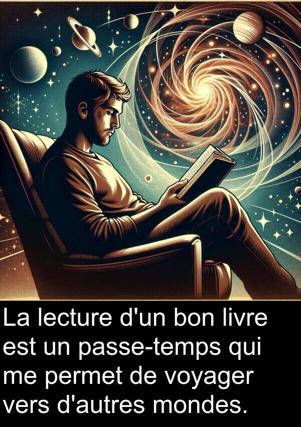 lecture: La lecture d'un bon livre est un passe-temps qui me permet de voyager vers d'autres mondes.
