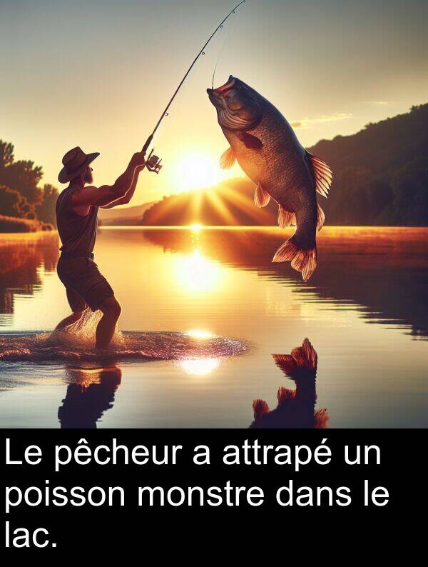 lac: Le pêcheur a attrapé un poisson monstre dans le lac.
