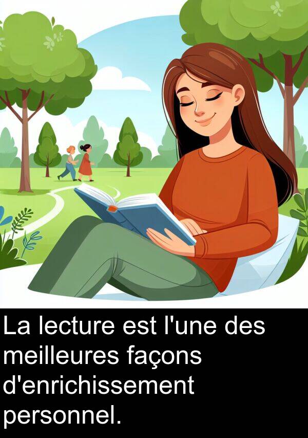 lecture: La lecture est l'une des meilleures façons d'enrichissement personnel.
