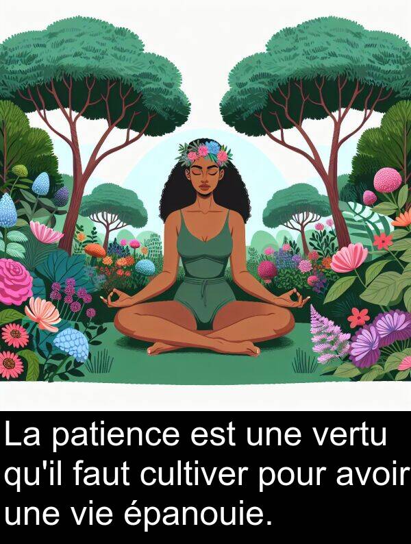 vertu: La patience est une vertu qu'il faut cultiver pour avoir une vie épanouie.