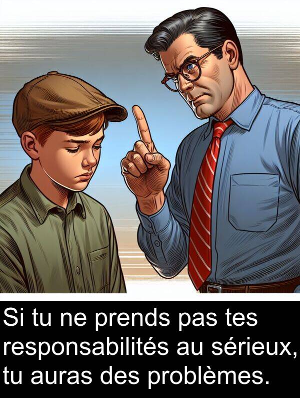 sérieux: Si tu ne prends pas tes responsabilités au sérieux, tu auras des problèmes.