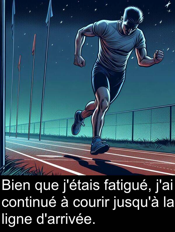 ligne: Bien que j'étais fatigué, j'ai continué à courir jusqu'à la ligne d'arrivée.