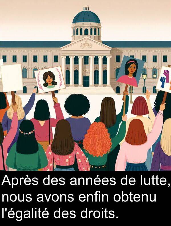 droits: Après des années de lutte, nous avons enfin obtenu l'égalité des droits.