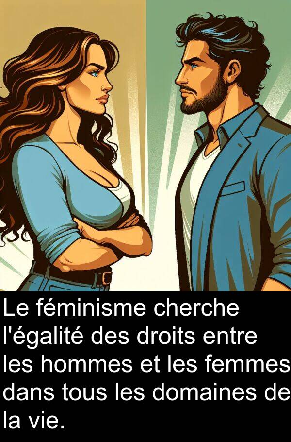 droits: Le féminisme cherche l'égalité des droits entre les hommes et les femmes dans tous les domaines de la vie.