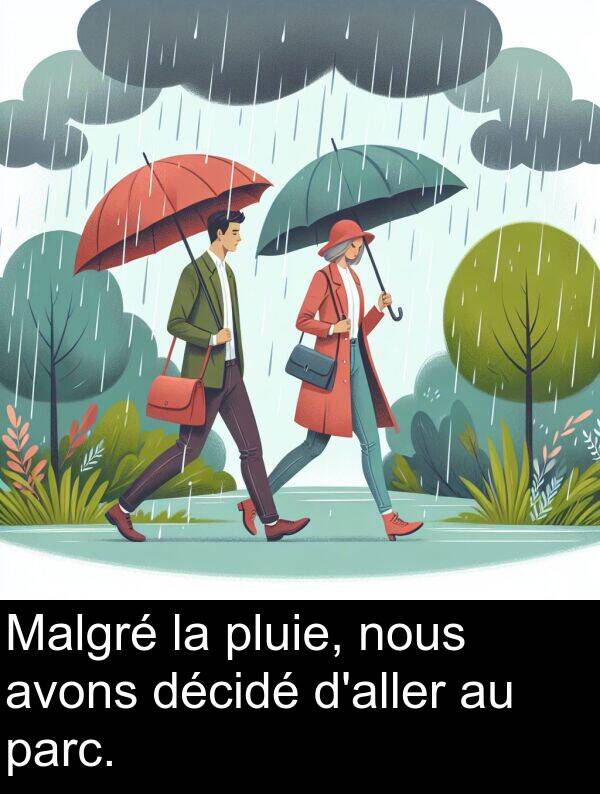 décidé: Malgré la pluie, nous avons décidé d'aller au parc.