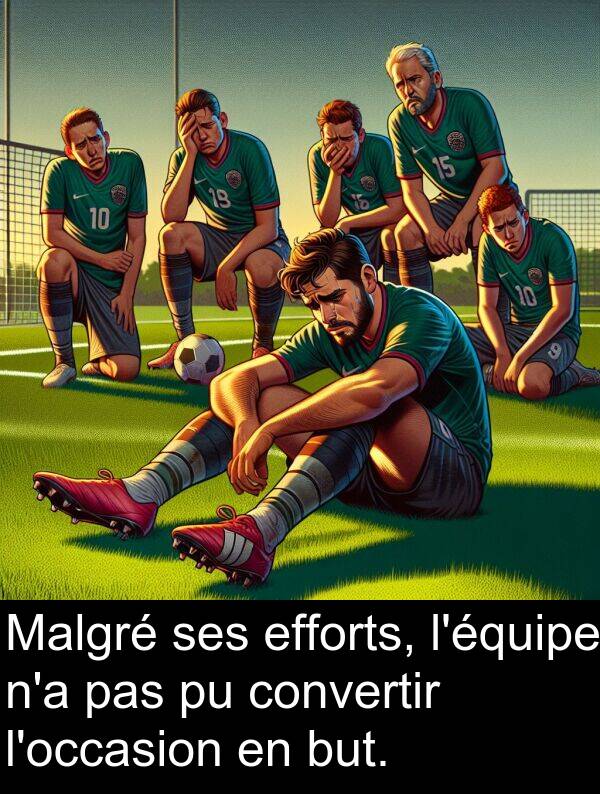 efforts: Malgré ses efforts, l'équipe n'a pas pu convertir l'occasion en but.