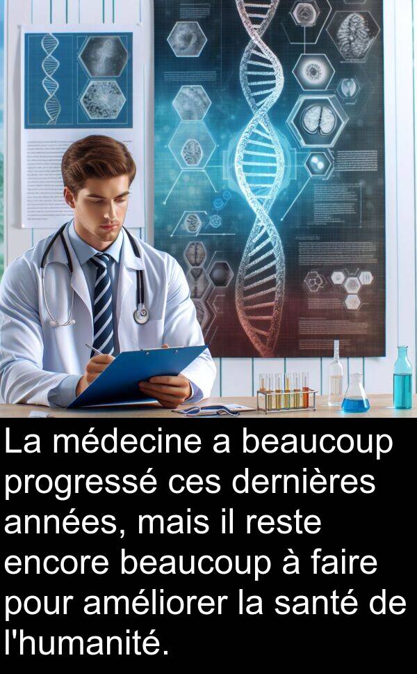 ces: La médecine a beaucoup progressé ces dernières années, mais il reste encore beaucoup à faire pour améliorer la santé de l'humanité.
