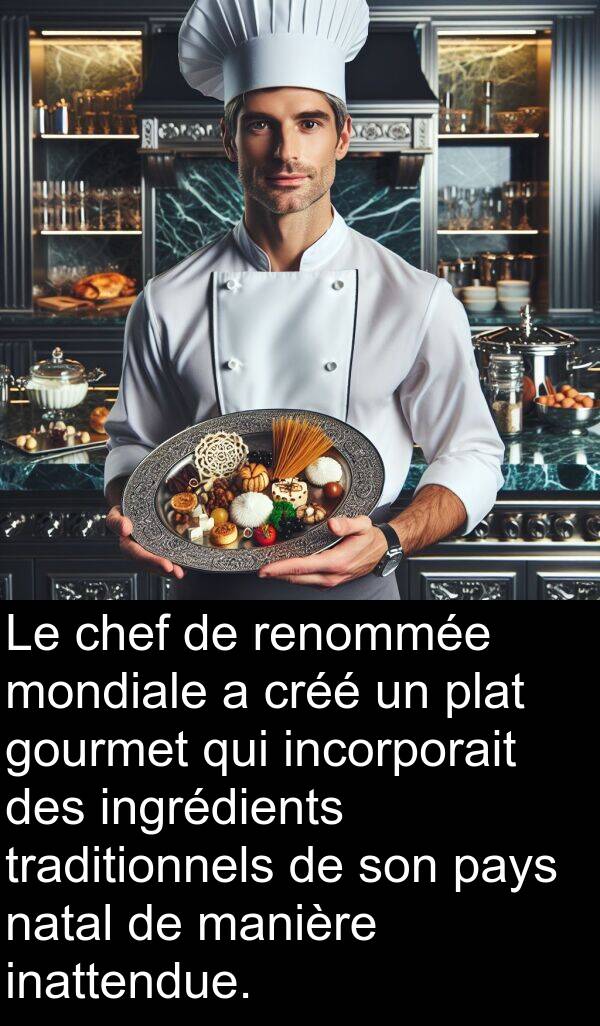 manière: Le chef de renommée mondiale a créé un plat gourmet qui incorporait des ingrédients traditionnels de son pays natal de manière inattendue.