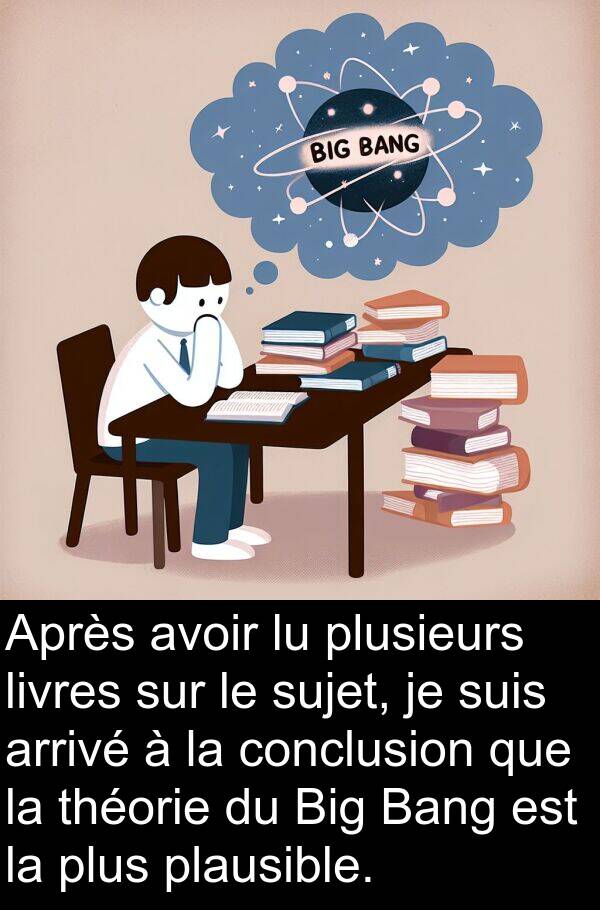 conclusion: Après avoir lu plusieurs livres sur le sujet, je suis arrivé à la conclusion que la théorie du Big Bang est la plus plausible.