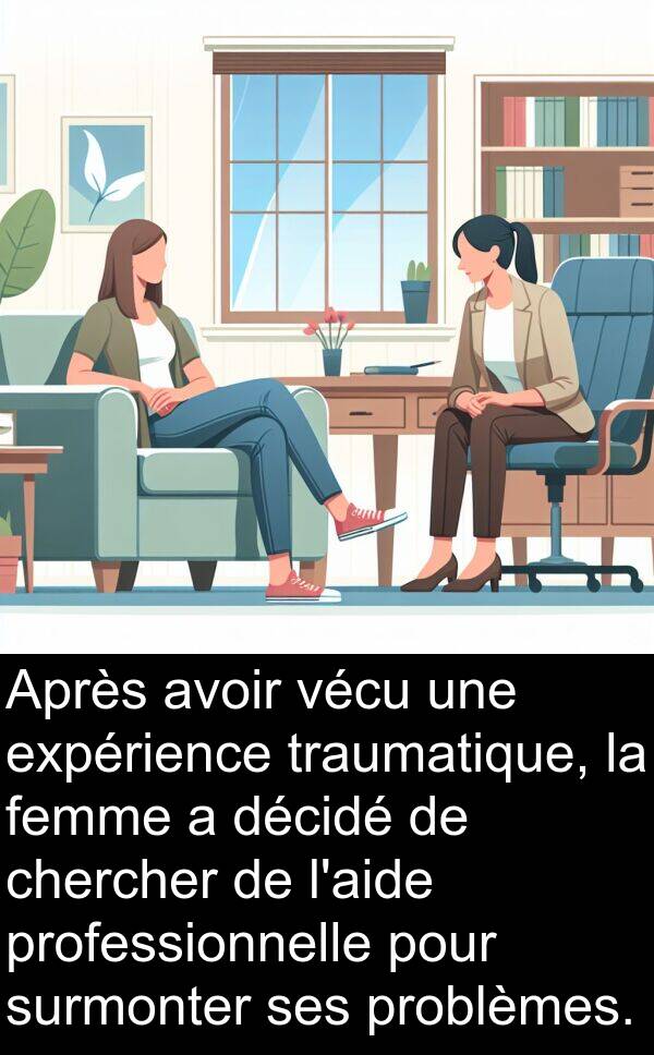 décidé: Après avoir vécu une expérience traumatique, la femme a décidé de chercher de l'aide professionnelle pour surmonter ses problèmes.