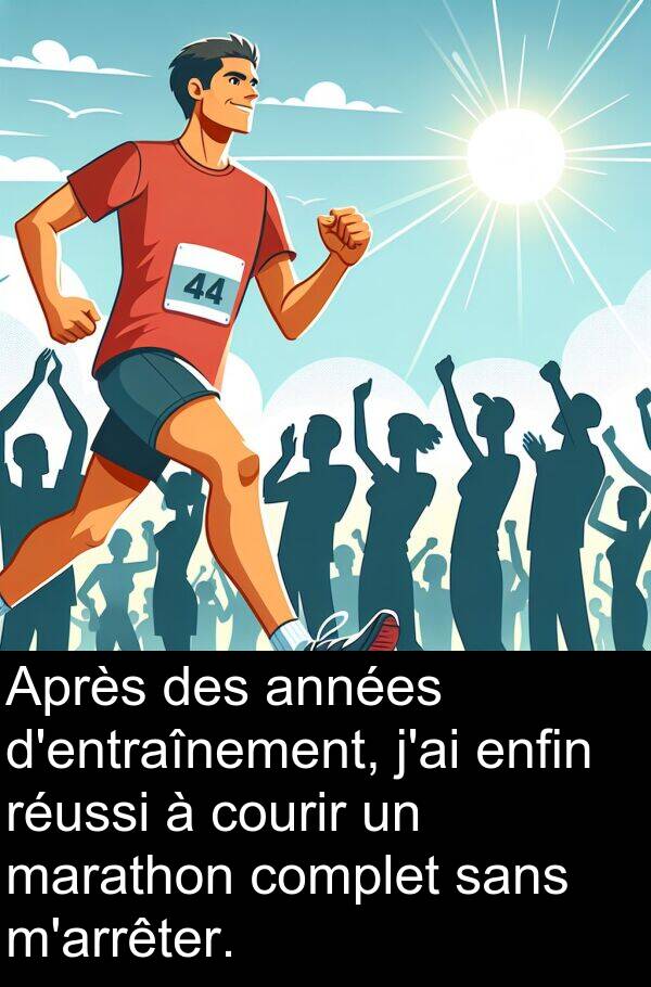 complet: Après des années d'entraînement, j'ai enfin réussi à courir un marathon complet sans m'arrêter.