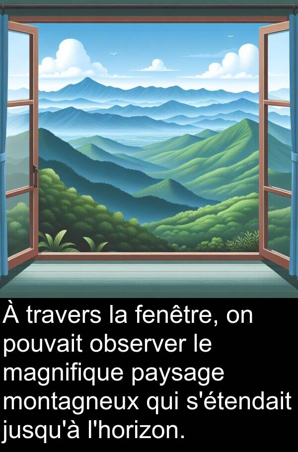 magnifique: À travers la fenêtre, on pouvait observer le magnifique paysage montagneux qui s'étendait jusqu'à l'horizon.