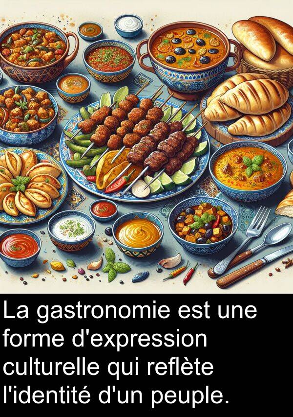 reflète: La gastronomie est une forme d'expression culturelle qui reflète l'identité d'un peuple.