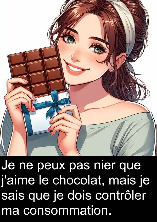 nier: Je ne peux pas nier que j'aime le chocolat, mais je sais que je dois contrôler ma consommation.