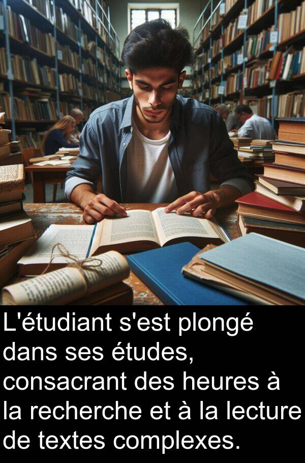 lecture: L'étudiant s'est plongé dans ses études, consacrant des heures à la recherche et à la lecture de textes complexes.