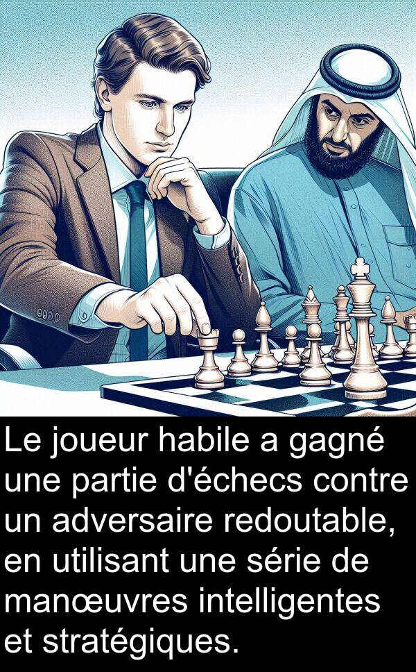 gagné: Le joueur habile a gagné une partie d'échecs contre un adversaire redoutable, en utilisant une série de manœuvres intelligentes et stratégiques.