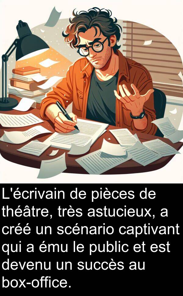 scénario: L'écrivain de pièces de théâtre, très astucieux, a créé un scénario captivant qui a ému le public et est devenu un succès au box-office.