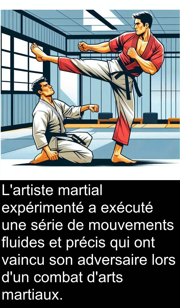 expérimenté: L'artiste martial expérimenté a exécuté une série de mouvements fluides et précis qui ont vaincu son adversaire lors d'un combat d'arts martiaux.