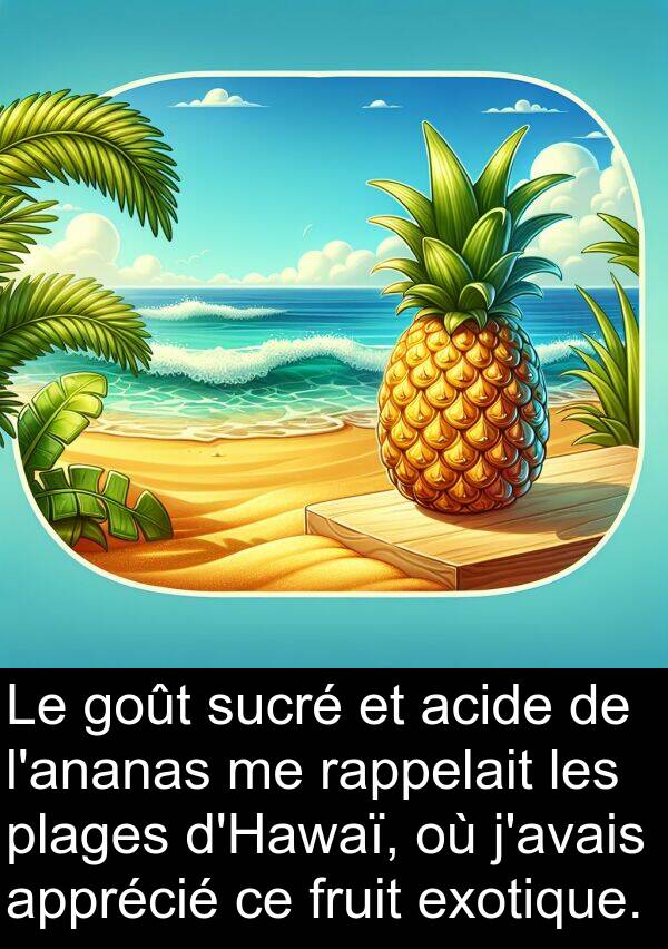 rappelait: Le goût sucré et acide de l'ananas me rappelait les plages d'Hawaï, où j'avais apprécié ce fruit exotique.